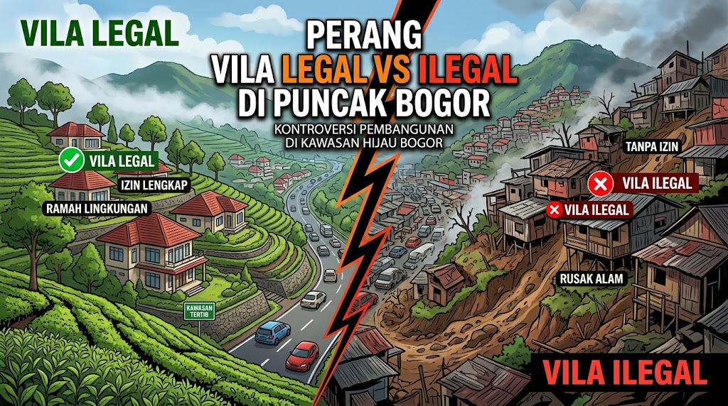 Kawasan vila di Puncak Bogor, ilustrasi maraknya vila ilegal yang bersaing dengan hotel resmi