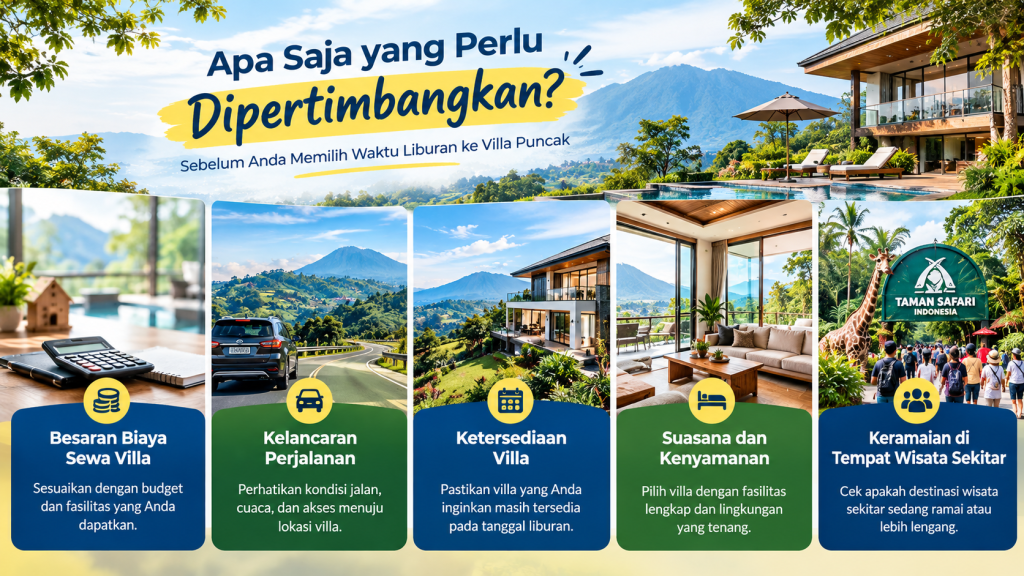 Infografis 5 pertimbangan memilih waktu sewa Villa Puncak: harga, perjalanan, ketersediaan, kenyamanan, dan keramaian wisata.